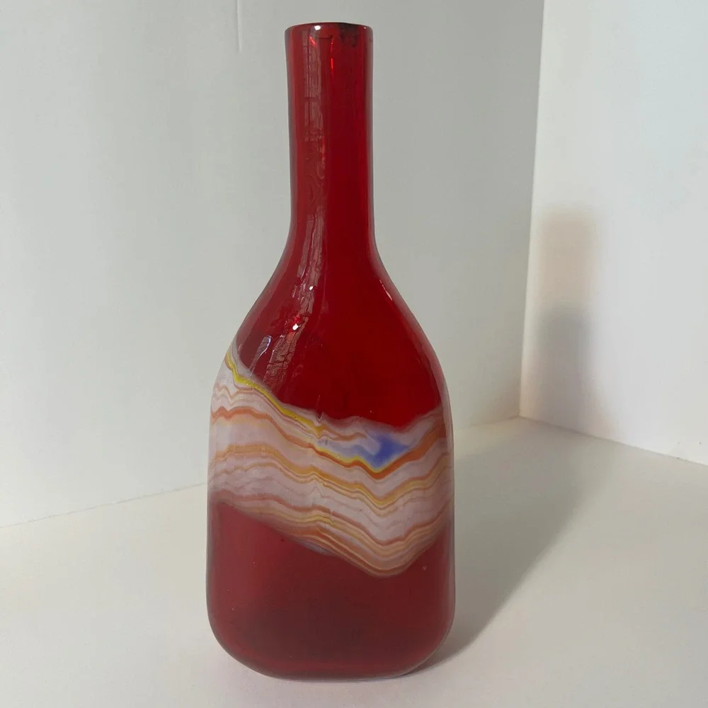 Red Hand Blown Art Glass Vase Long Neck Swirl Pattern Agate Style Decor 12